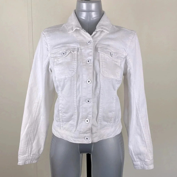 2/$25White button up fitted white denim  cropped Y2K mini jean jacket sz medium - Picture 1 of 17